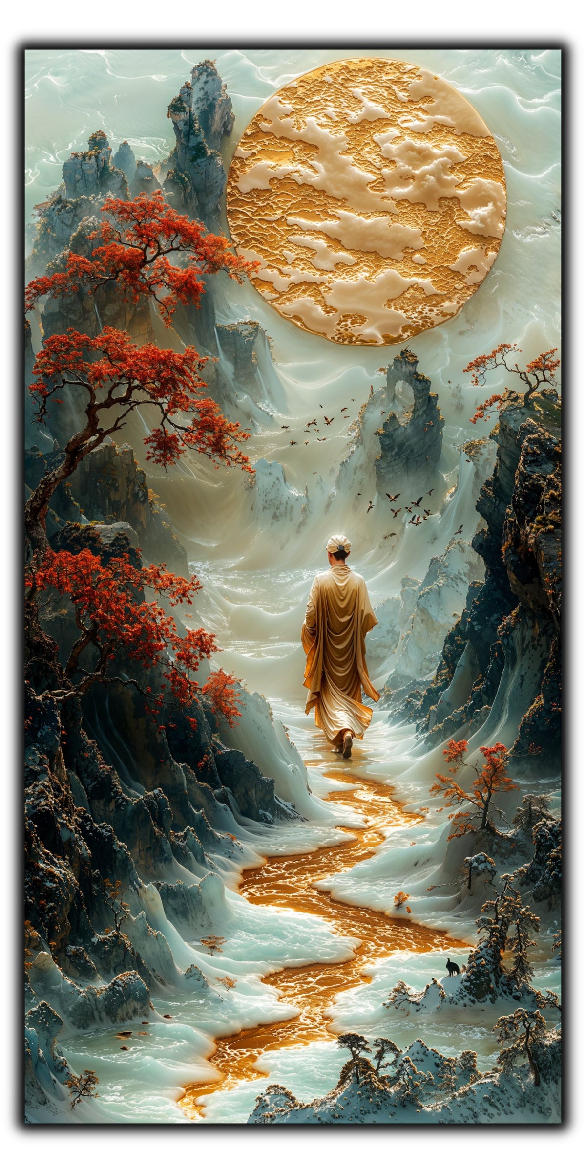 Mockup 7 – Tablou pentru living – Vârful de chihlimbar: Munți în relief, lună aurie și o figură în contemplare, print UV pe sticlă securizată | Art-Zen