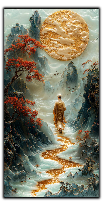 Mockup 7 – Tablou pentru living – Vârful de chihlimbar: Munți în relief, lună aurie și o figură în contemplare, print UV pe sticlă securizată | Art-Zen