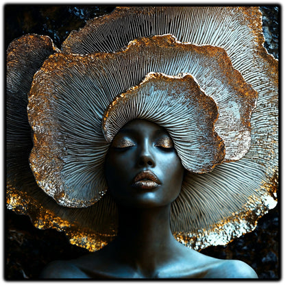 Tablou abstract Silent Mycelium cu portret feminin și un val pale de lamele organice care se deschide ca o cochilie