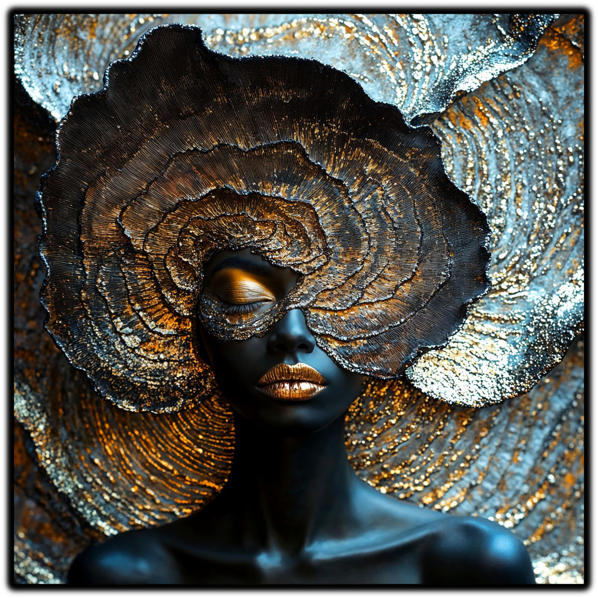 Tablou abstract Eclipse Bloom cu portret feminin și o floare funerară de ciuperci întunecate și argintii