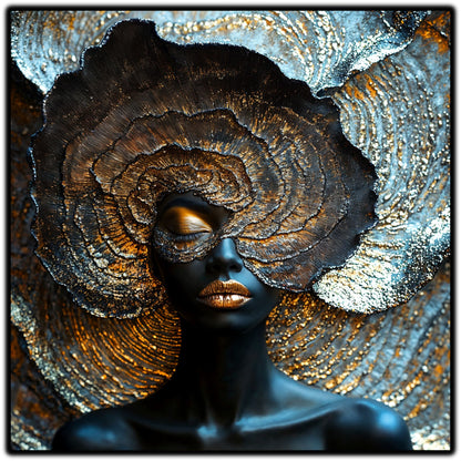 Tablou abstract Eclipse Bloom cu portret feminin și o floare funerară de ciuperci întunecate și argintii