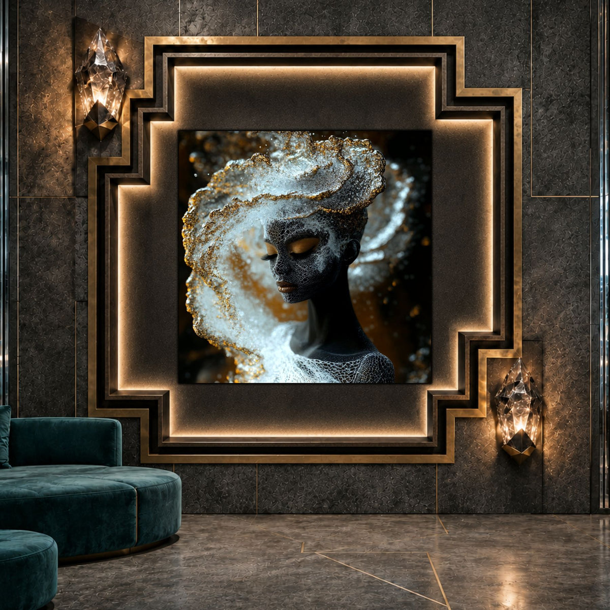 Tablou dormitor Frosted Crown ca punct focal într-un decor contemporan.