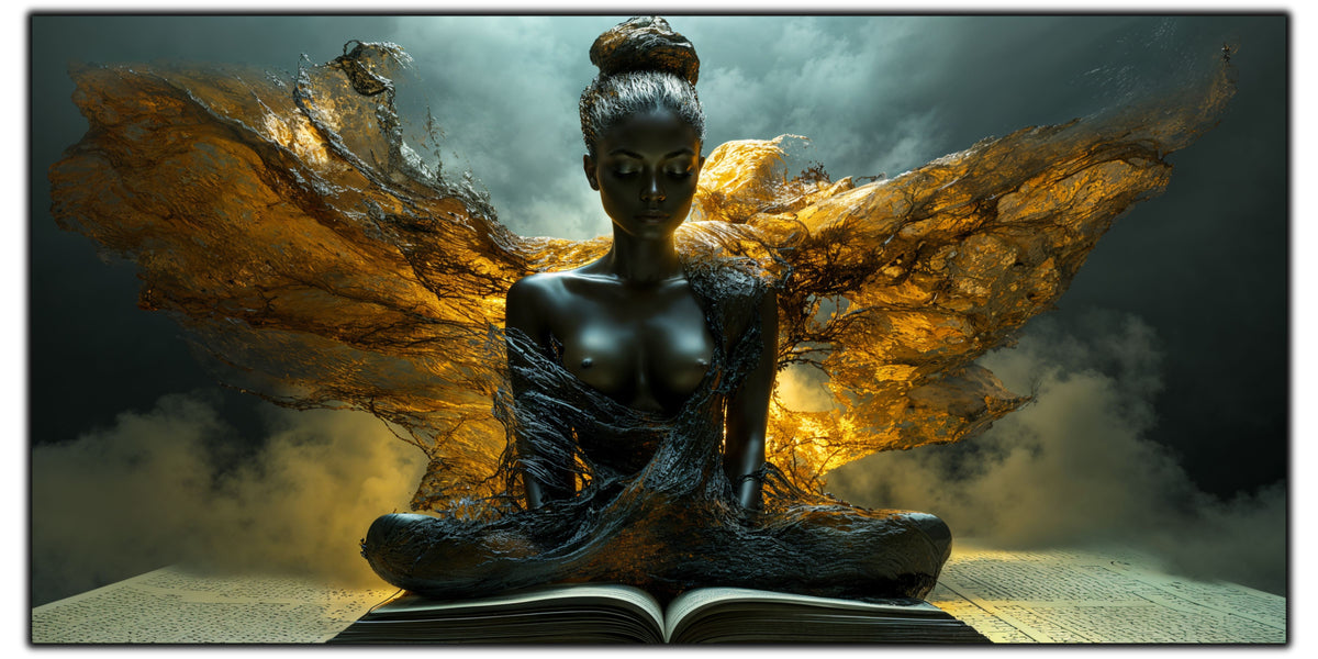 Tablou pentru living Storm of Grace pe sticlă securizată, figură feminină cu aripi aurii și cer de furtună, colecția Sacred Stillness Art-Zen
