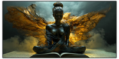 Tablou pentru living Storm of Grace pe sticlă securizată, figură feminină cu aripi aurii și cer de furtună, colecția Sacred Stillness Art-Zen