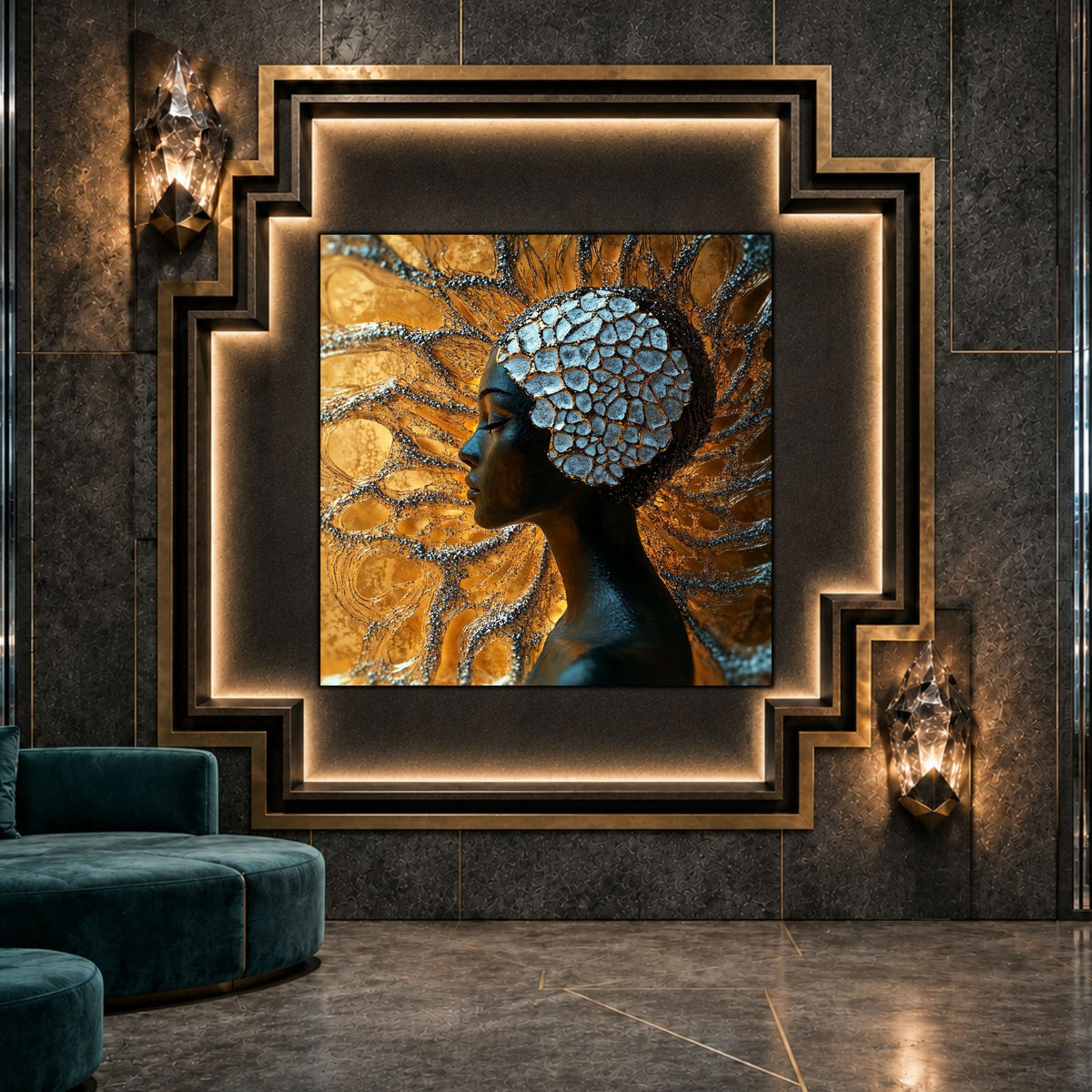 Tablou sticlă Golden Mosaic ca punct focal într-un decor contemporan.