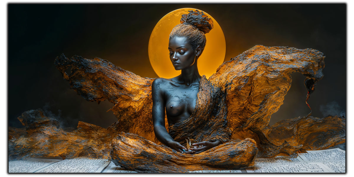 Tablou pentru living Held by Light pe sticlă securizată, figură feminină cu halo solar și aripi de bronz, colecția Sacred Stillness Art-Zen