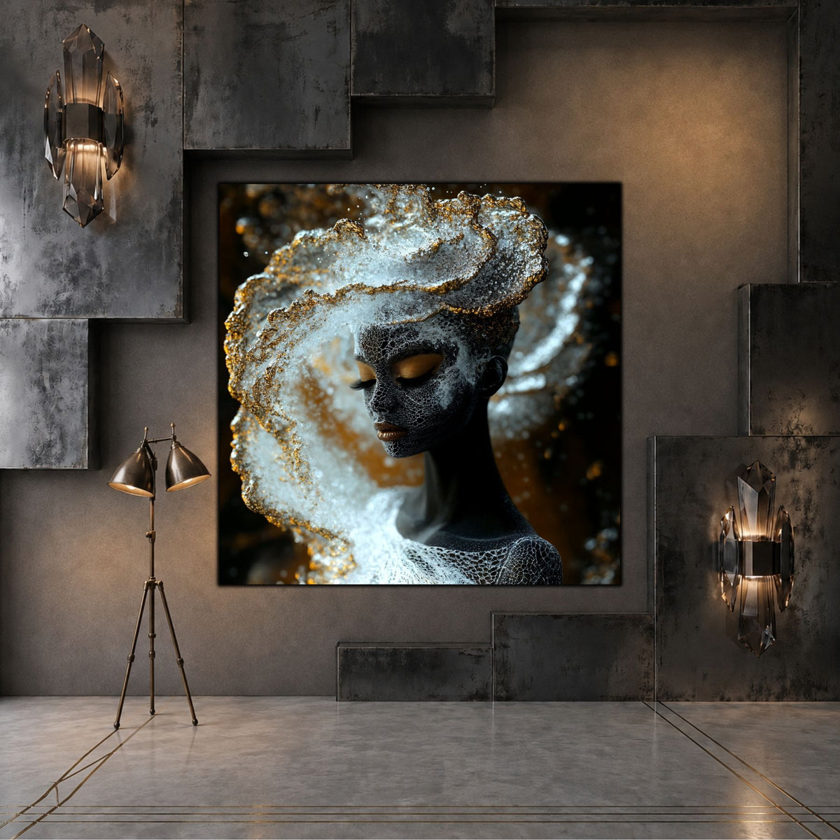 Tablou dormitor Frosted Crown într-un spațiu rafinat, cu lumină caldă și finisaje minerale.