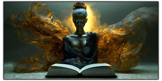 Tablou pentru living Quiet Wing pe sticlă securizată, figură feminină cu aripi de aur topit și carte, colecția Sacred Stillness Art-Zen