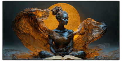 Tablou pentru living Written in Gold pe sticlă securizată, figură feminină cu aripi inscripționate în auriu, colecția Sacred Stillness Art-Zen