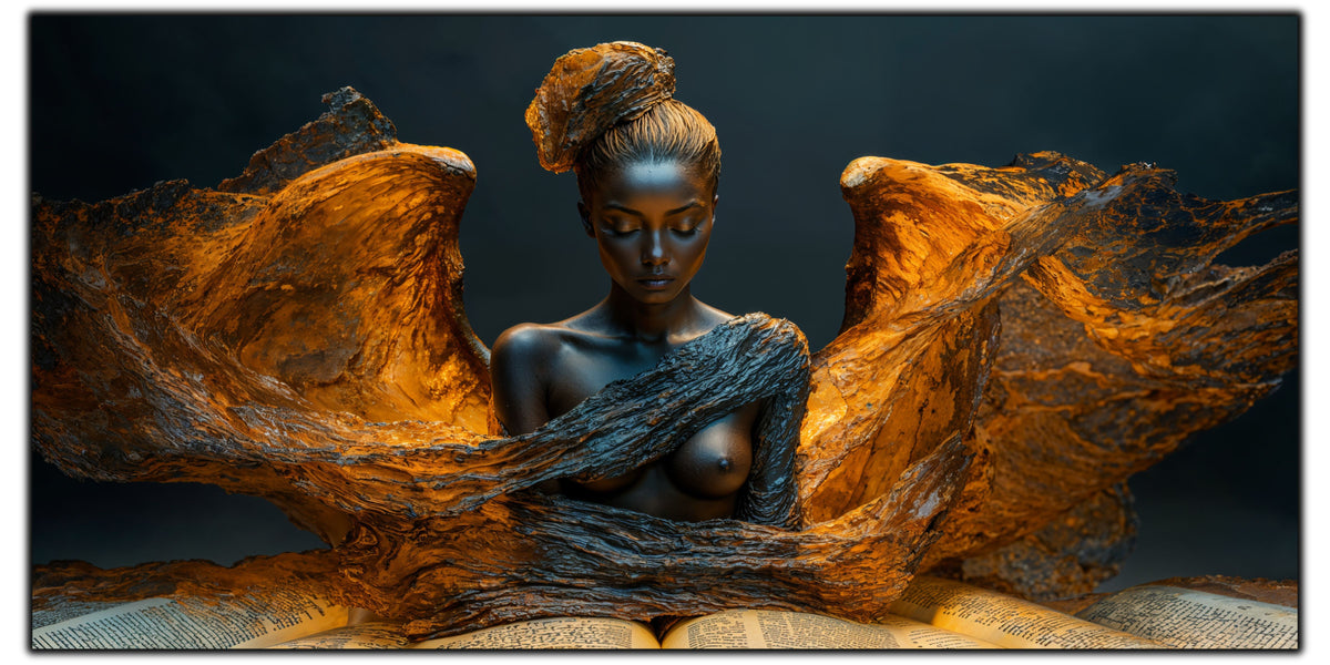 Tablou pentru living The Weight of Knowing pe sticlă securizată, figură feminină cu aripi de bronz și carte deschisă, colecția Sacred Stillness Art-Zen