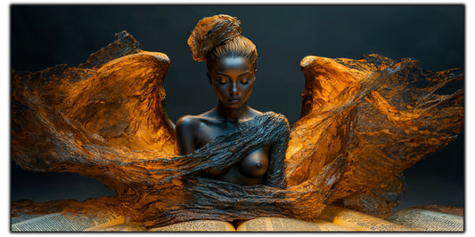 Tablou pentru living The Weight of Knowing pe sticlă securizată, figură feminină cu aripi de bronz și carte deschisă, colecția Sacred Stillness Art-Zen
