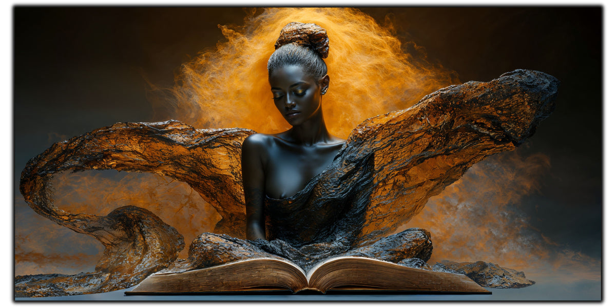 Tablou pentru living The Unwritten Light pe sticlă securizată, figură feminină, carte deschisă și aripi de bronz, colecția Sacred Stillness Art-Zen