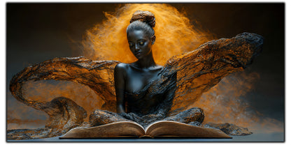 Tablou pentru living The Unwritten Light pe sticlă securizată, figură feminină, carte deschisă și aripi de bronz, colecția Sacred Stillness Art-Zen