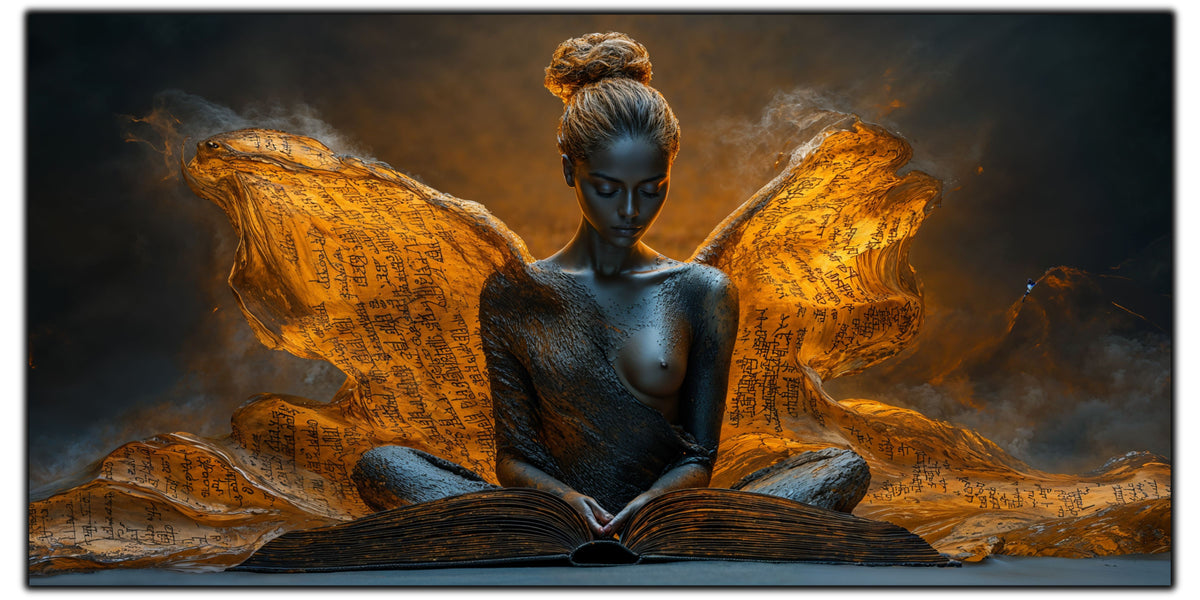 Tablou pentru living The Inner Halo pe sticlă securizată, figură feminină meditativă cu disc solar, colecția Sacred Stillness Art-Zen