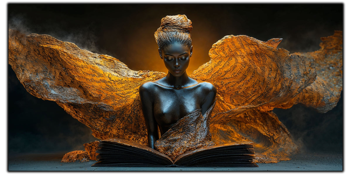Tablou pentru living The Held Sun pe sticlă securizată, figură feminină cu soare auriu și aripi de piatră, colecția Sacred Stillness Art-Zen