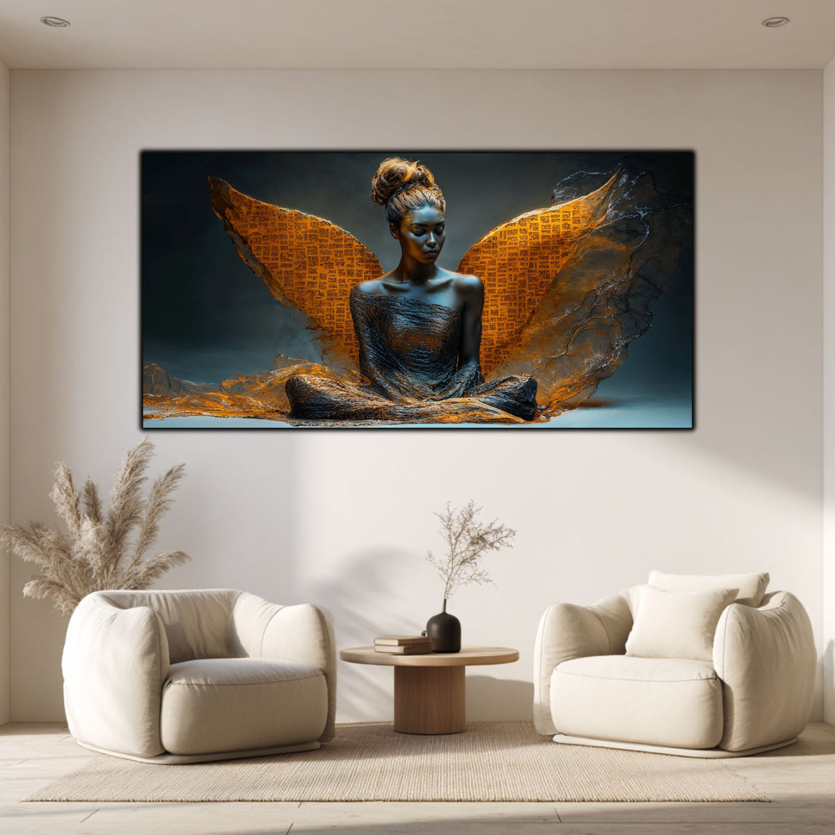 Tablou pentru living The Sacred Page pe sticlă securizată, figură feminină cu aripi aurii și carte deschisă, colecția Sacred Stillness Art-Zen