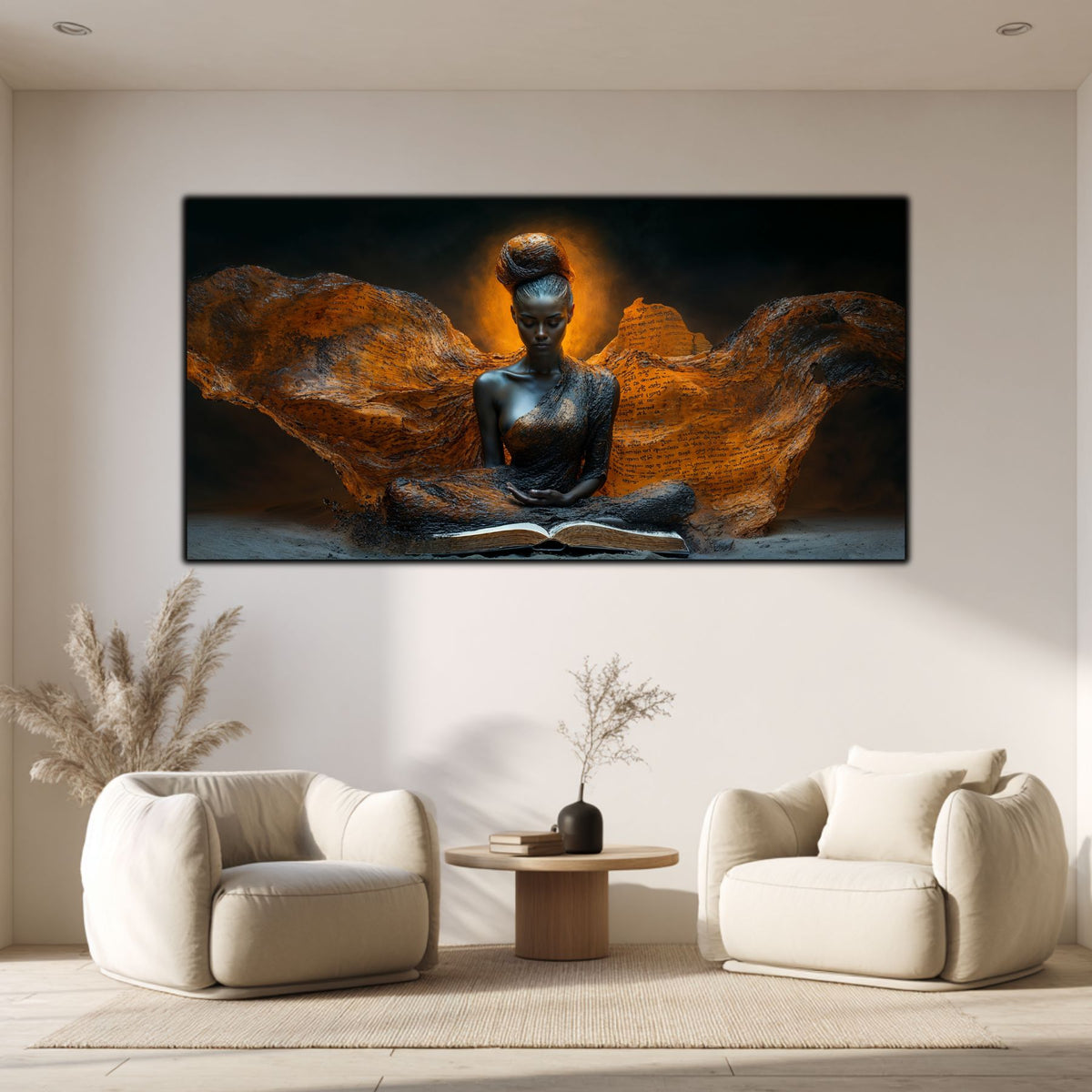 Tablou pentru living The Earth Keeps pe sticlă securizată, figură feminină meditativă cu aripi de bronz, colecția Sacred Stillness Art-Zen