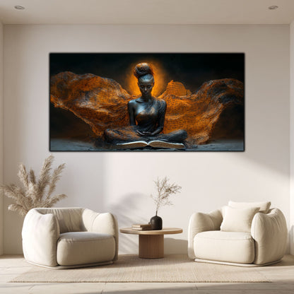 Tablou pentru living The Earth Keeps pe sticlă securizată, figură feminină meditativă cu aripi de bronz, colecția Sacred Stillness Art-Zen