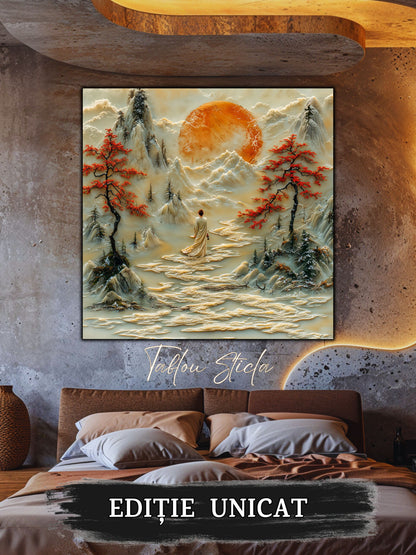 Mockup 2 – Tablou pentru living – Poiana fără grabă: Lumina aurie, munții și cărarea care se lasă privită, print UV pe sticlă securizată | Art-Zen