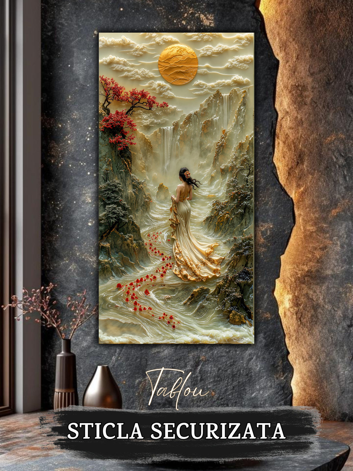 Mockup 2 – Tablou pentru living – Înainte de zbor: O siluetă în lumină, păsări și o cale care se deschide, print UV pe sticlă securizată | Art-Zen