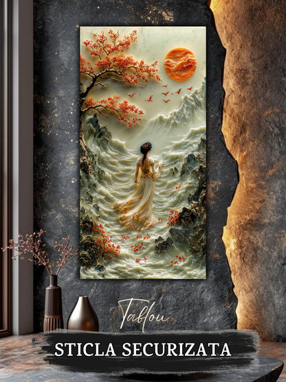 Mockup 2 – Tablou pentru living – Soarele dintre ramuri: O prezență fină și păsări sub luna portocalie, print UV pe sticlă securizată | Art-Zen