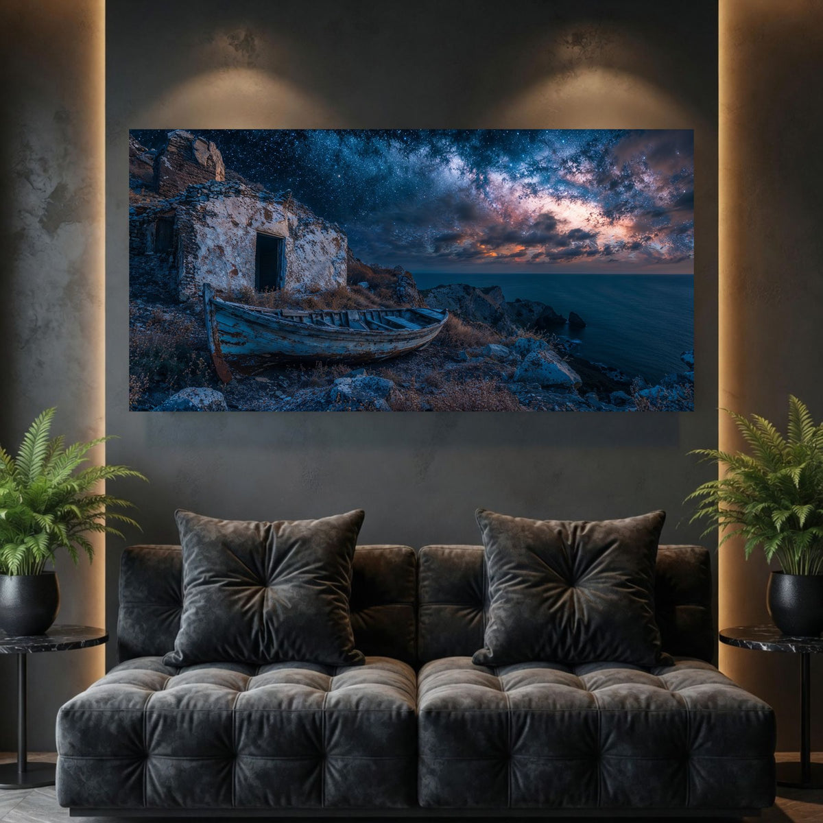 Tablouri Living Sticlă – The Boat and the Sky, o barcă abandonată lângă o casă veche, sub un cer dramatic de seară, artwork pe sticlă securizată
