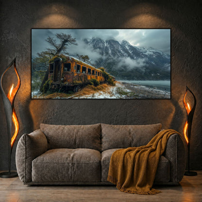 Tablouri moderne sufragerie „The Lake Beyond Leaving” pe sticlă securizată – mockup într-un living contemporan