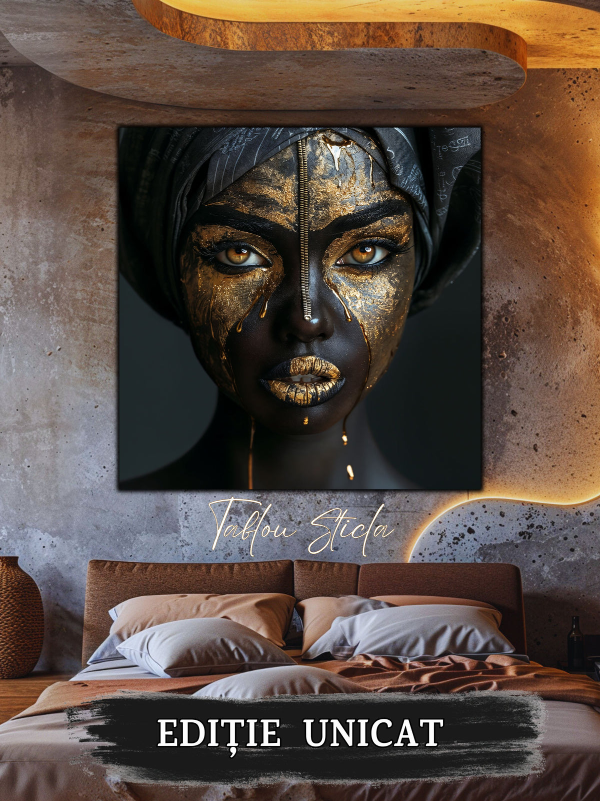 Tablou living contemporan Golden Fractures sticla 4mm - mockup vedere 2