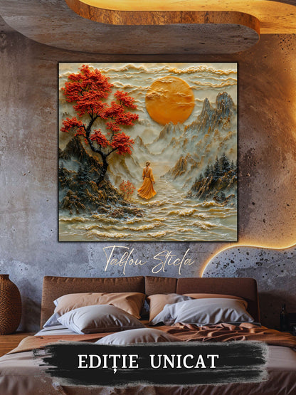 Mockup 2 – Tablou pentru living – Luna din valea albă: Un drum de apă, un cer auriu și relieful contemplativ, print UV pe sticlă securizată | Art-Zen
