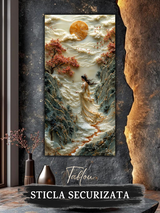 Mockup 2 – Tablou pentru living – Răsărit peste trecătoare: Soarele auriu, stâncile și liniștea mersului, print UV pe sticlă securizată | Art-Zen