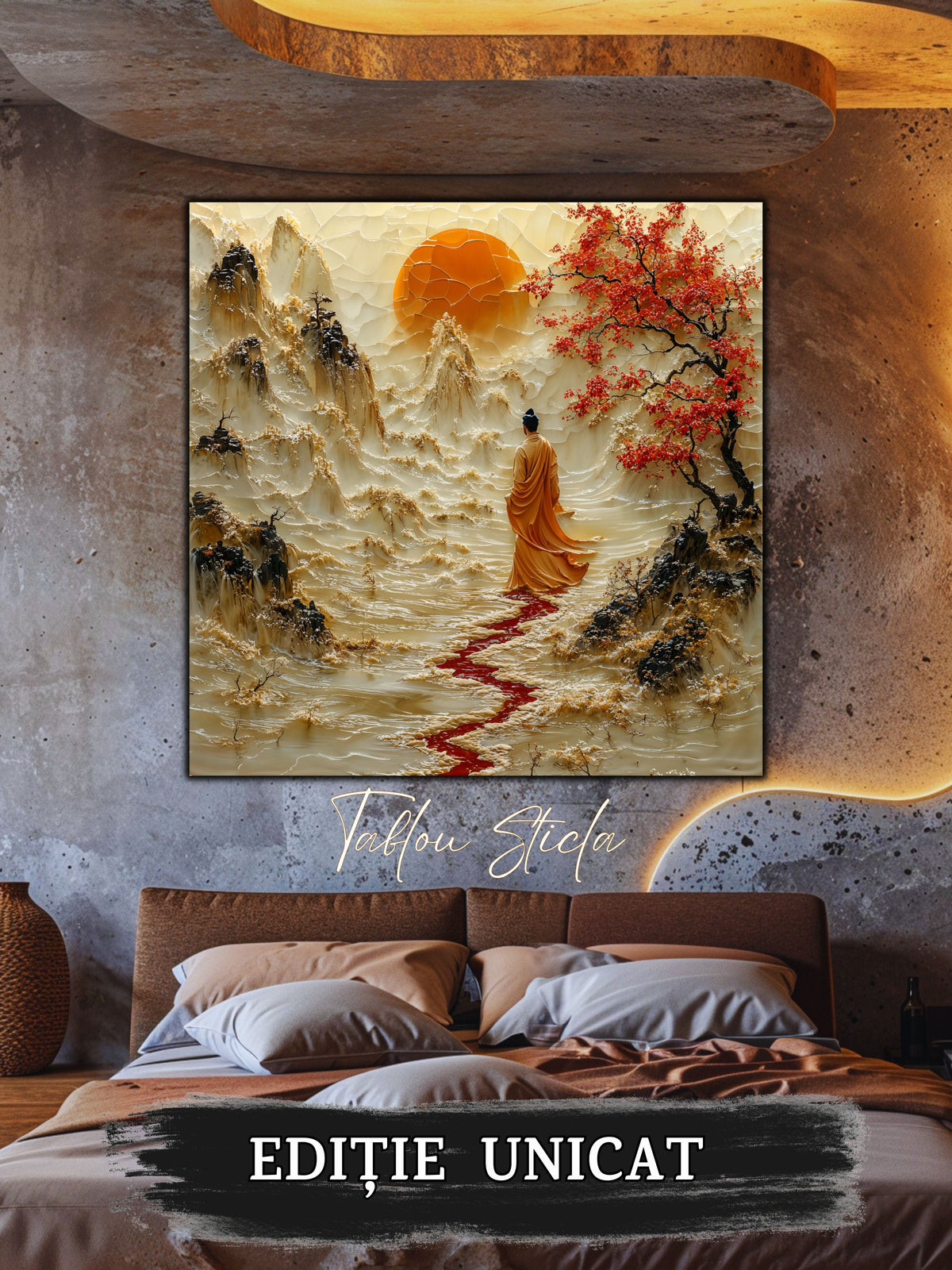 Mockup 2 – Tablou pentru living – Drumul de cinabru: Mersul curajos al unui călător spre lumina din depărtare, print UV pe sticlă securizată | Art-Zen