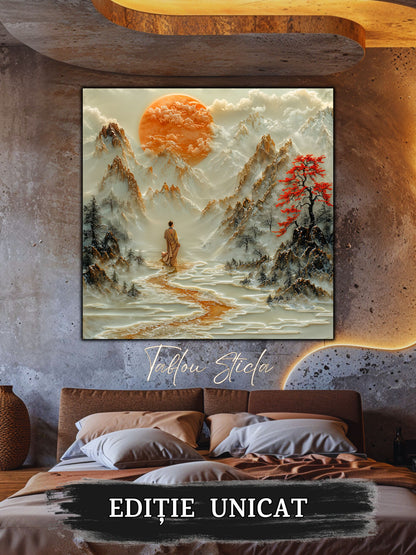 Mockup 2 – Tablou pentru living – Locul unde se oprește timpul: O femeie, munții și o liniște luminoasă, print UV pe sticlă securizată | Art-Zen