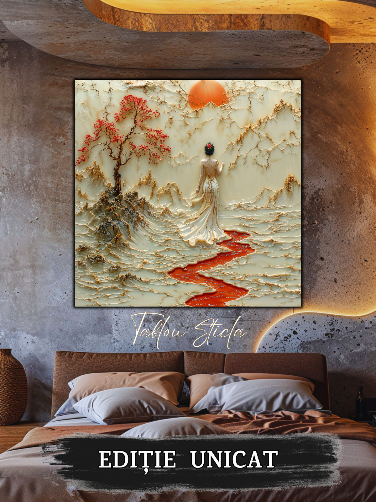 Mockup 1 – Tablou pentru living – Umbra blândă a lunii: O prezență singură sub copaci și cer de chihlimbar, print UV pe sticlă securizată | Art-Zen