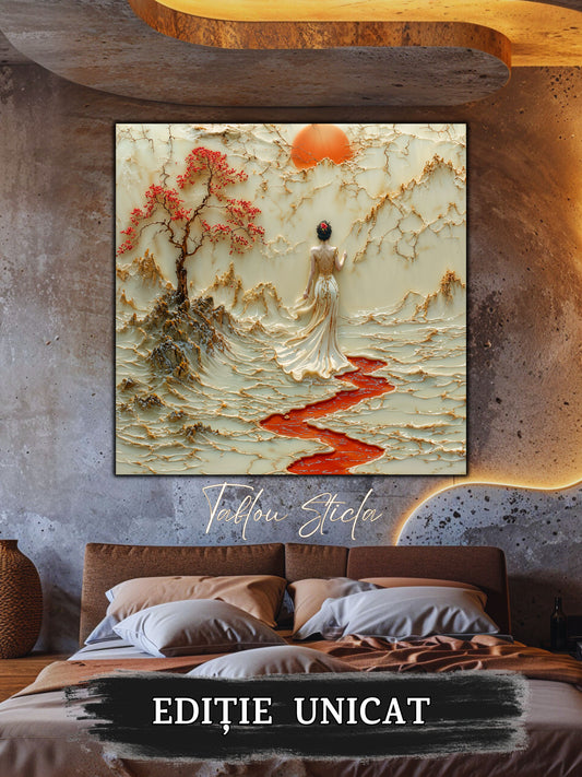 Mockup 1 – Tablou pentru living – Umbra blândă a lunii: O prezență singură sub copaci și cer de chihlimbar, print UV pe sticlă securizată | Art-Zen