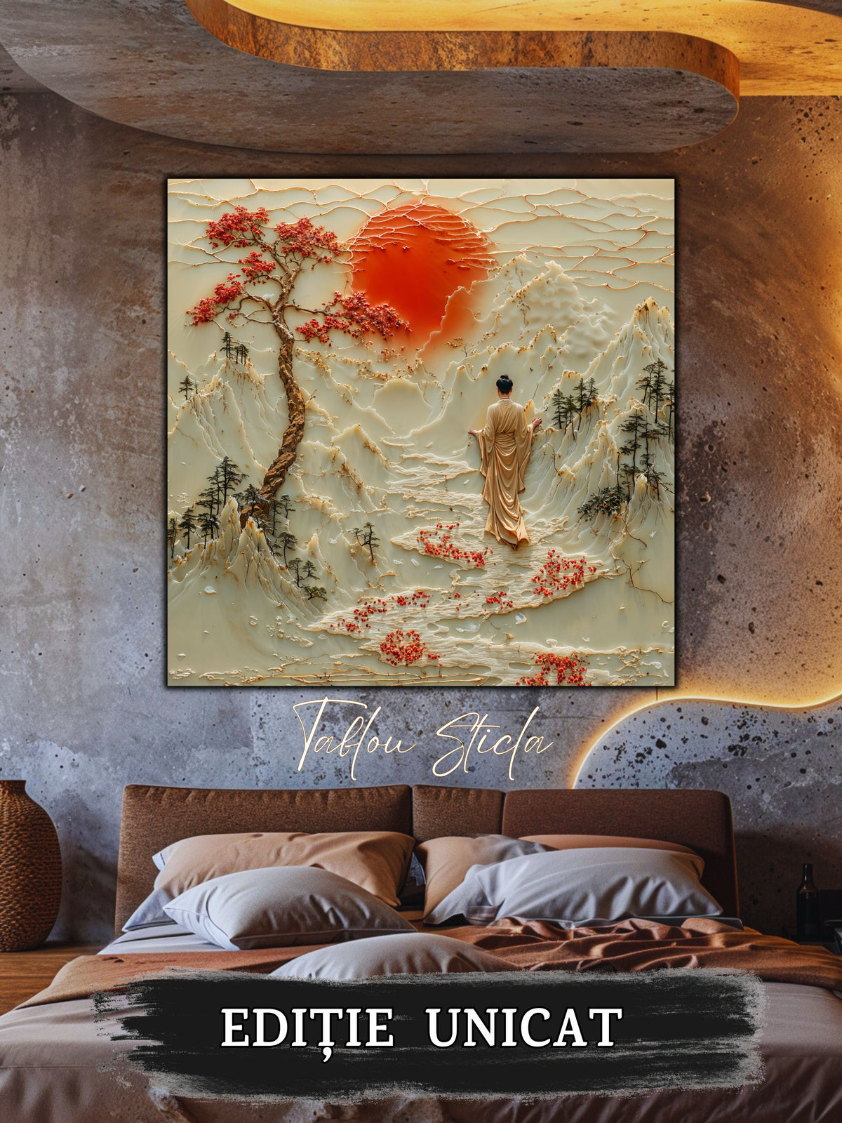 Mockup 1 – Tablou pentru living – Apa de sub soare: O cale fluidă care leagă munții de o lumină blândă, print UV pe sticlă securizată | Art-Zen