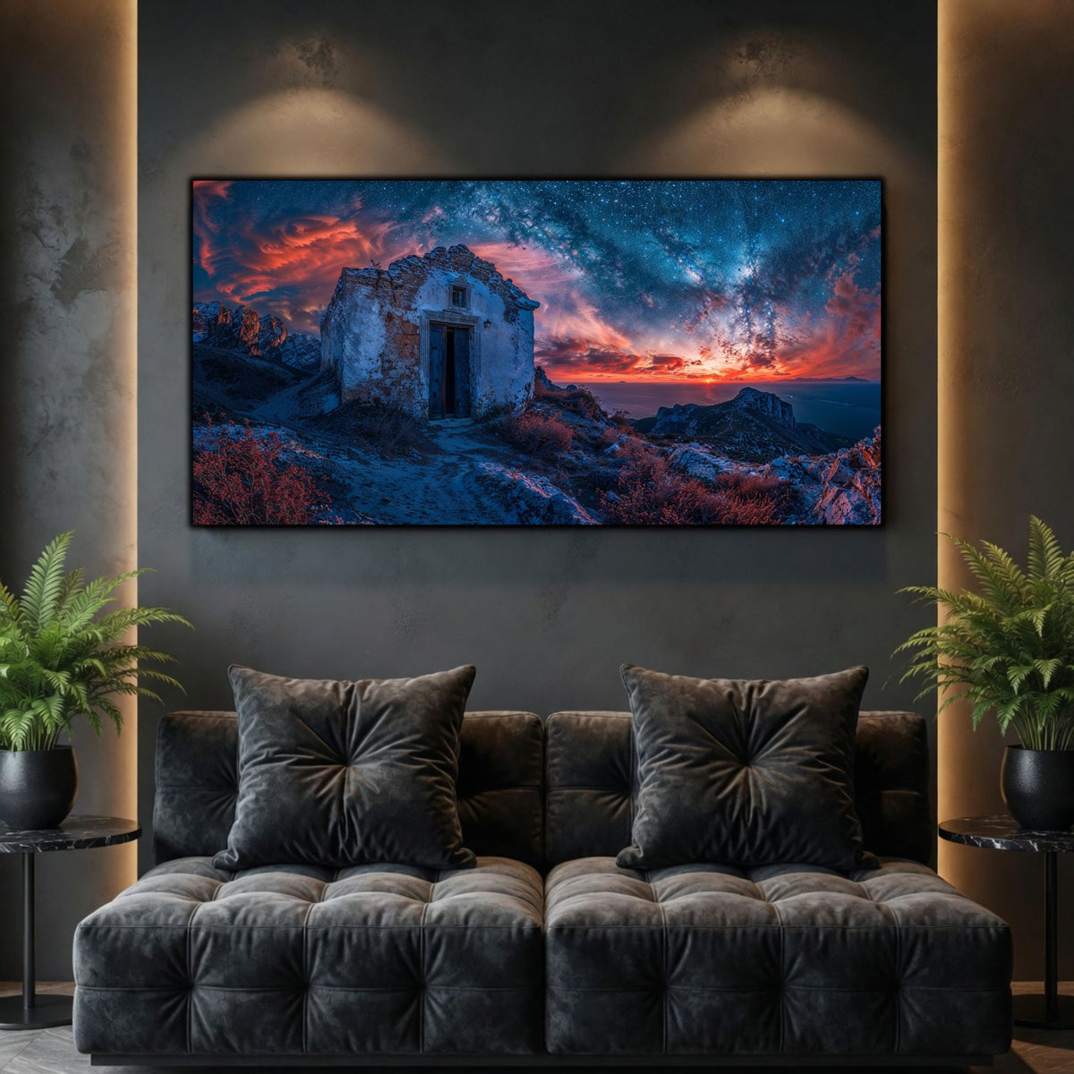 Tablouri Living Sticlă – The House Beneath Stars, o casă albă sub o dâră de stele și un apus stins în violet și roșu, artwork pe sticlă securizată