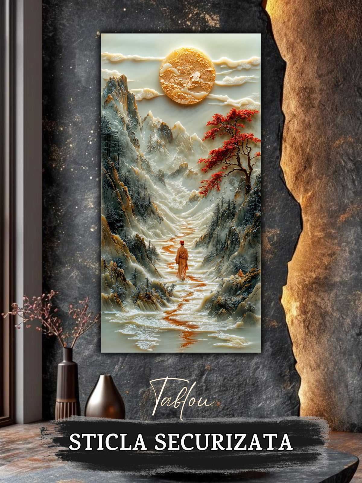 Mockup 2 – Tablou pentru living – Pași printre petale: O femeie, petale roșii și o vale în mișcare, print UV pe sticlă securizată | Art-Zen