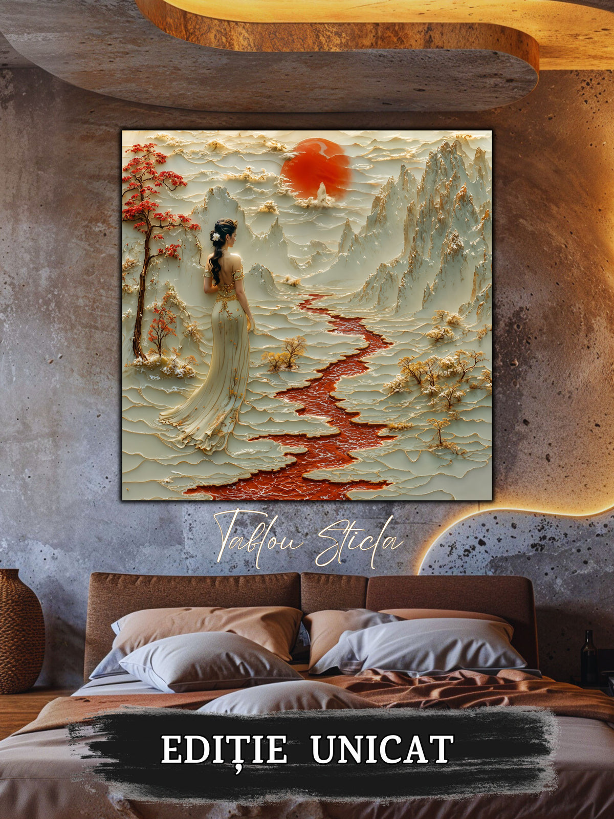 Mockup 2 – Tablou pentru living – Arborii care păstrează lumina: Munți, ramuri roșii și o clipă de tăcere, print UV pe sticlă securizată | Art-Zen