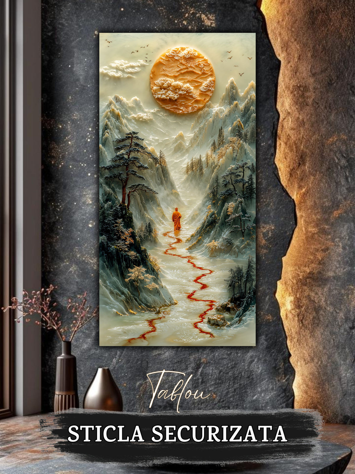 Mockup 3 – Tablou pentru living – Drumul de mătase roșie: O trecere fină prin spațiu, apă și stâncă, print UV pe sticlă securizată | Art-Zen