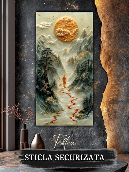 Mockup 3 – Tablou pentru living – Drumul de mătase roșie: O trecere fină prin spațiu, apă și stâncă, print UV pe sticlă securizată | Art-Zen