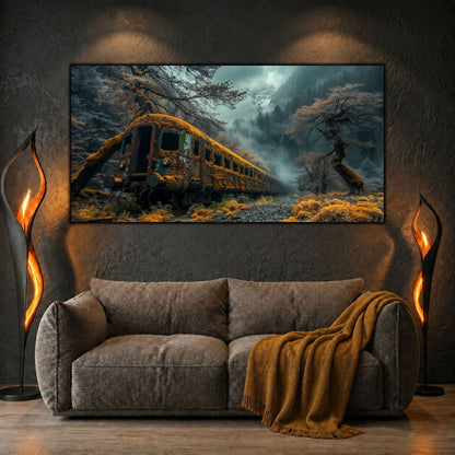 Tablouri moderne sufragerie „The Orchard Line” pe sticlă securizată – mockup într-un living contemporan