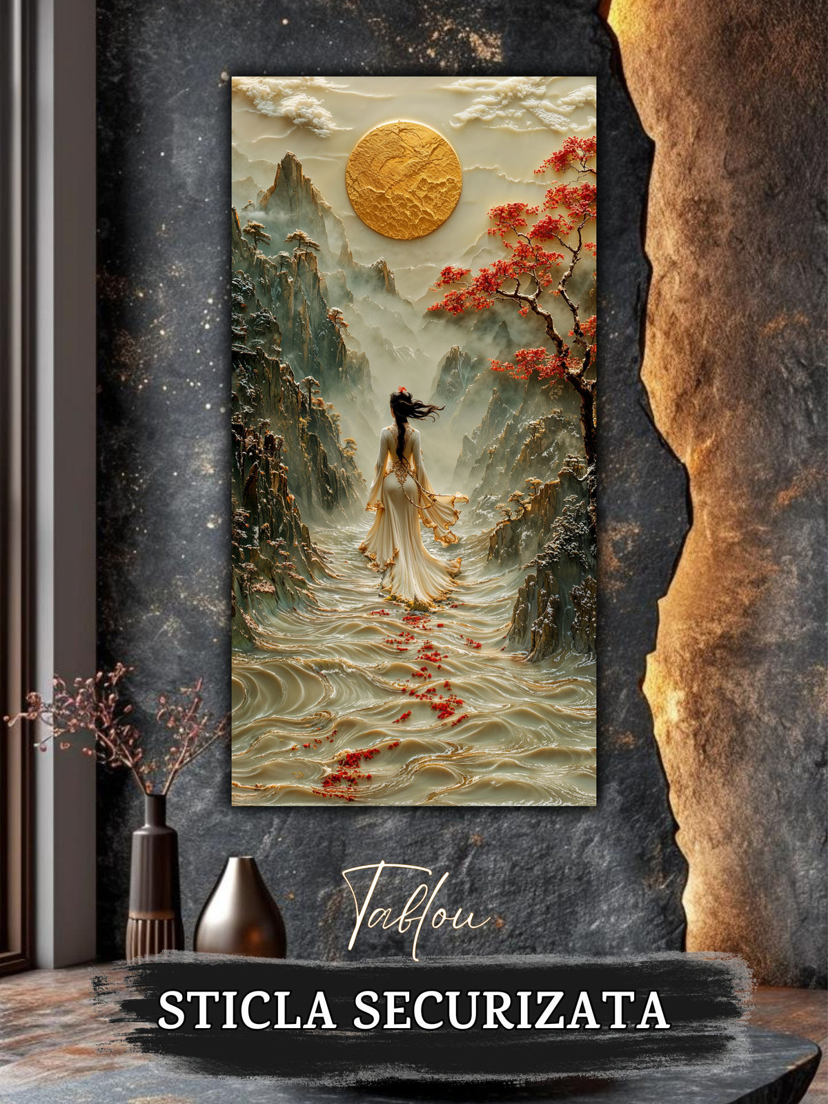 Mockup 2 – Tablou pentru living – Acolo unde curge cerul: Valuri de lumină, munți și roșul discret al drumului, print UV pe sticlă securizată | Art-Zen