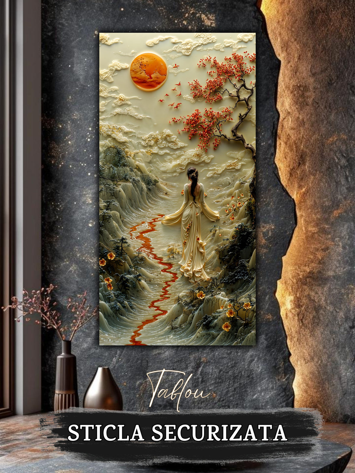 Mockup 2 – Tablou pentru living – Valea cu cer de fildeș: Peisaj calm, lună rotundă și flori roșii, print UV pe sticlă securizată | Art-Zen