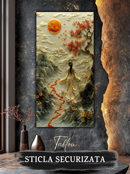Mockup 2 – Tablou pentru living – Valea cu cer de fildeș: Peisaj calm, lună rotundă și flori roșii, print UV pe sticlă securizată | Art-Zen