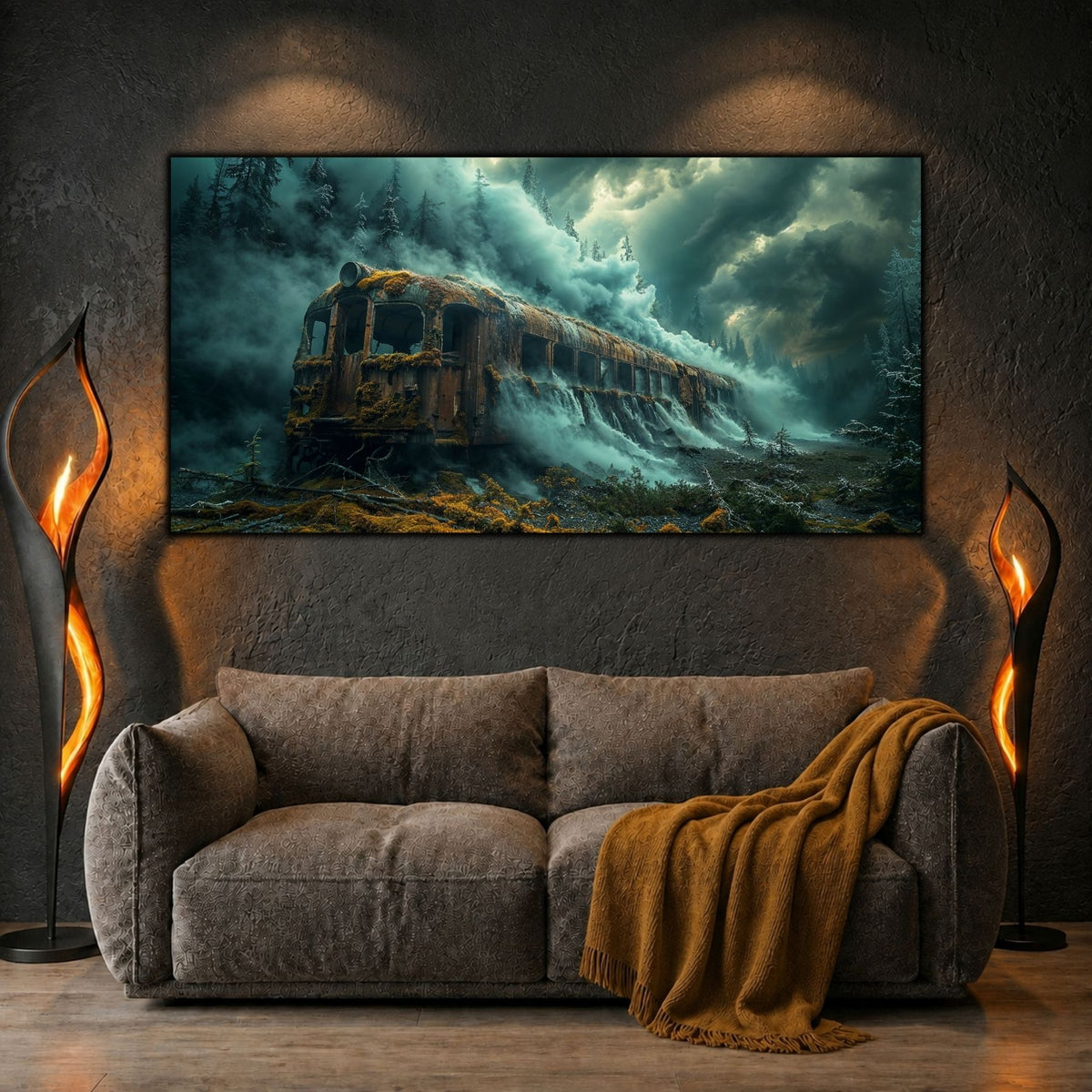 Tablouri moderne sufragerie „Flooded Passage” pe sticlă securizată – mockup într-un living contemporan