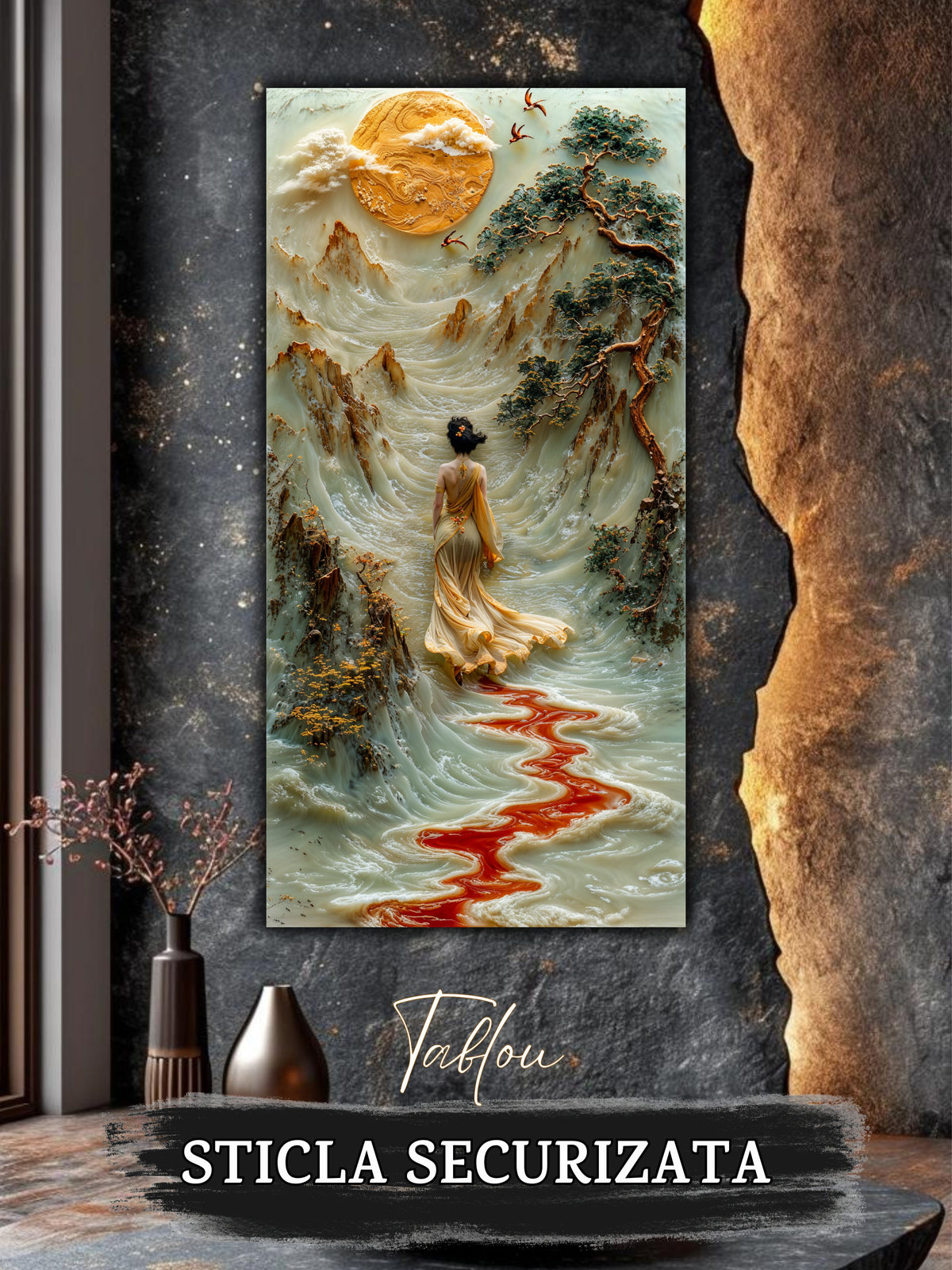 Mockup 2 – Tablou pentru living – Râul care duce acasă: O femeie în lumină, munți și un fir roșu de apă, print UV pe sticlă securizată | Art-Zen
