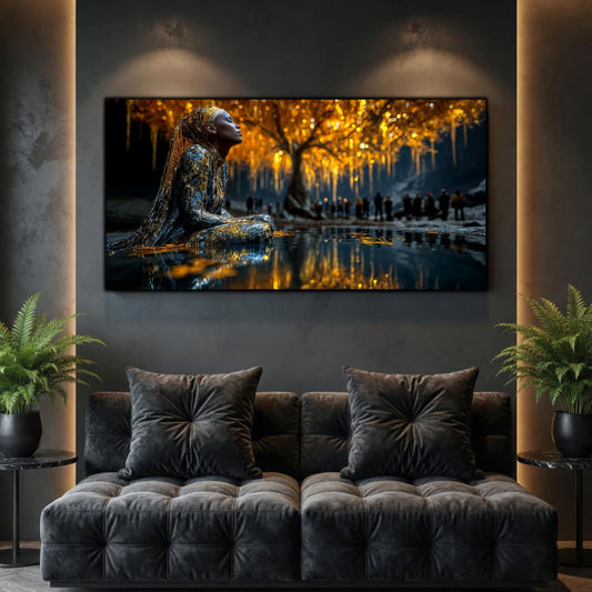 Tablouri Living Sticlă – The Watcher Beneath Gold, o figură contemplativă sub un copac luminos, lângă apă și umbre adânci, artwork pe sticlă securizată