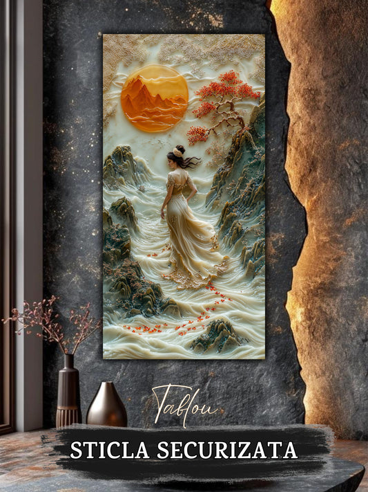 Mockup 2 – Tablou pentru living – Grădina dintre munți: Lumină de chihlimbar, apă și ramuri înflorite, print UV pe sticlă securizată | Art-Zen