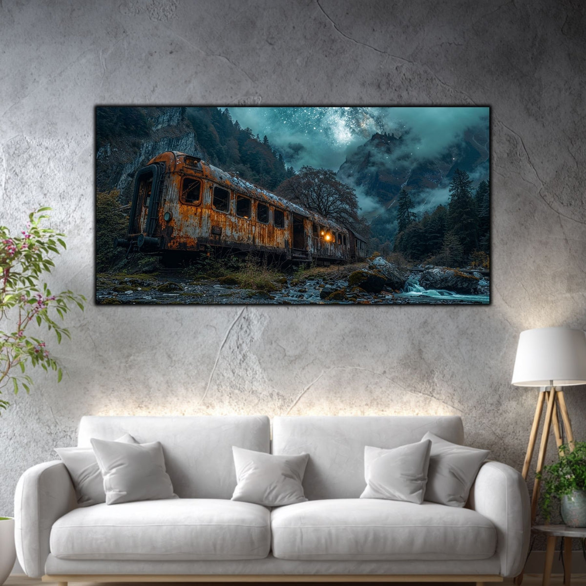 Tablou mare pentru living „Smoke on Rails” – peisaj de iarnă în amenajare interioară