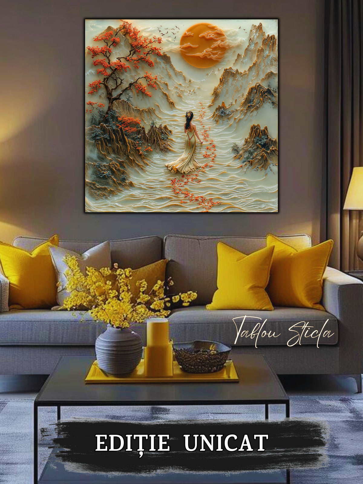 Mockup 3 – Tablou pentru living – Păsările din zori: Un cer cald, o lună plină și spațiu pentru respirație, print UV pe sticlă securizată | Art-Zen